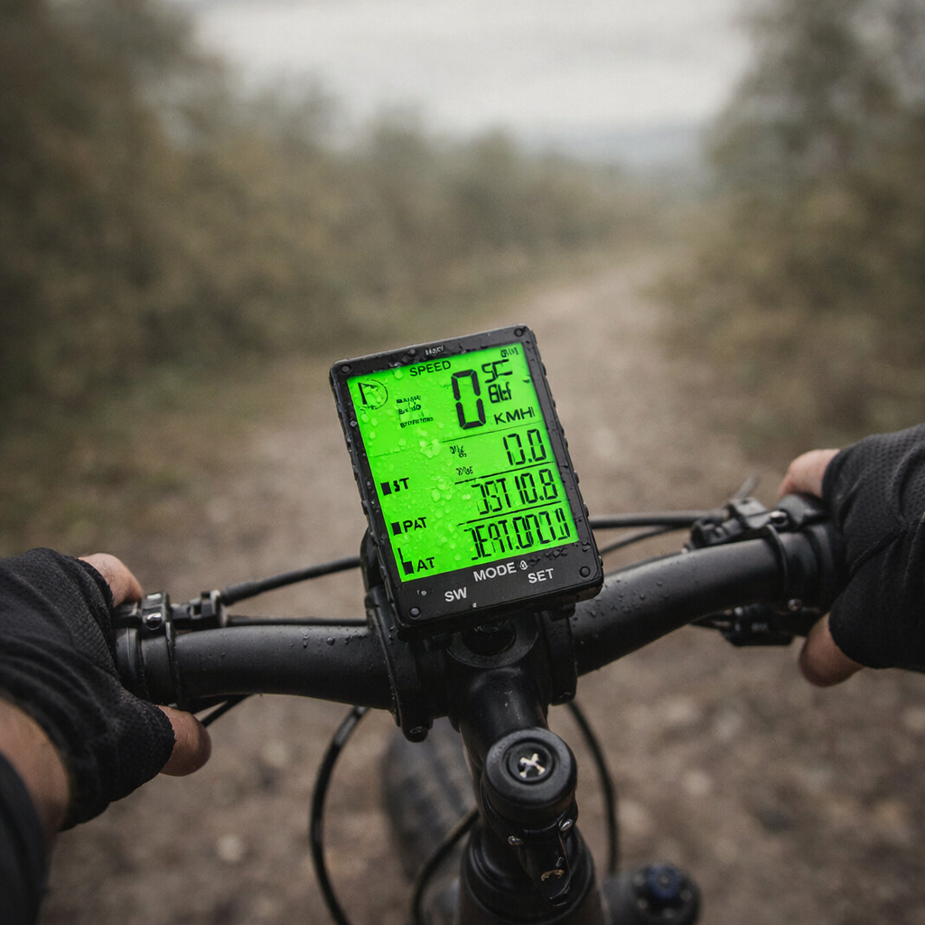 Black and silver bike computer with LCD display for cycling