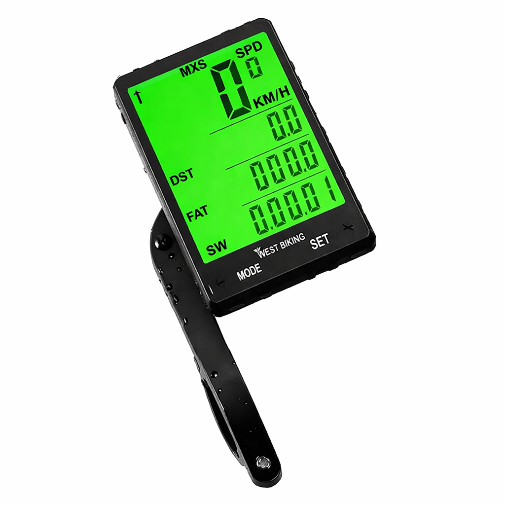 Black and silver bike computer with LCD display for cycling