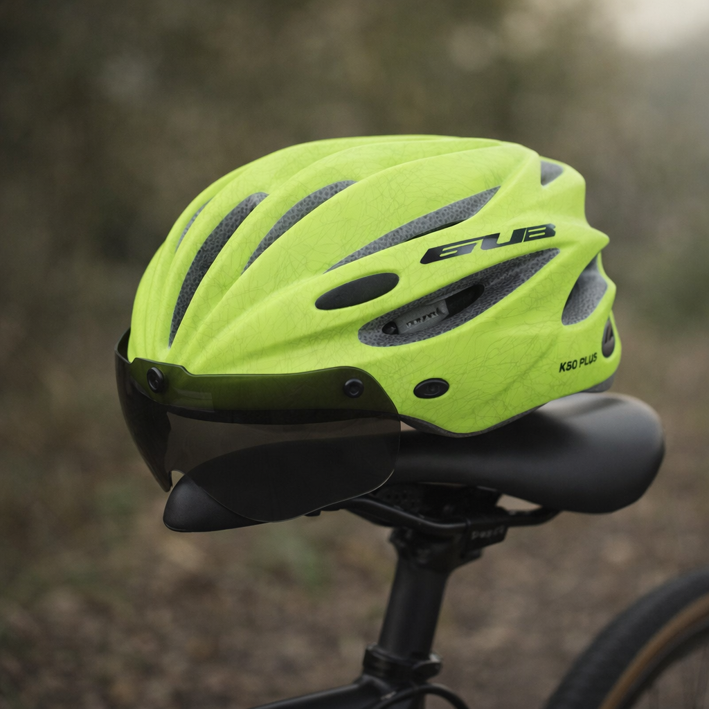 Bicycle helmet with visor and integrated glasses in fluorescent green