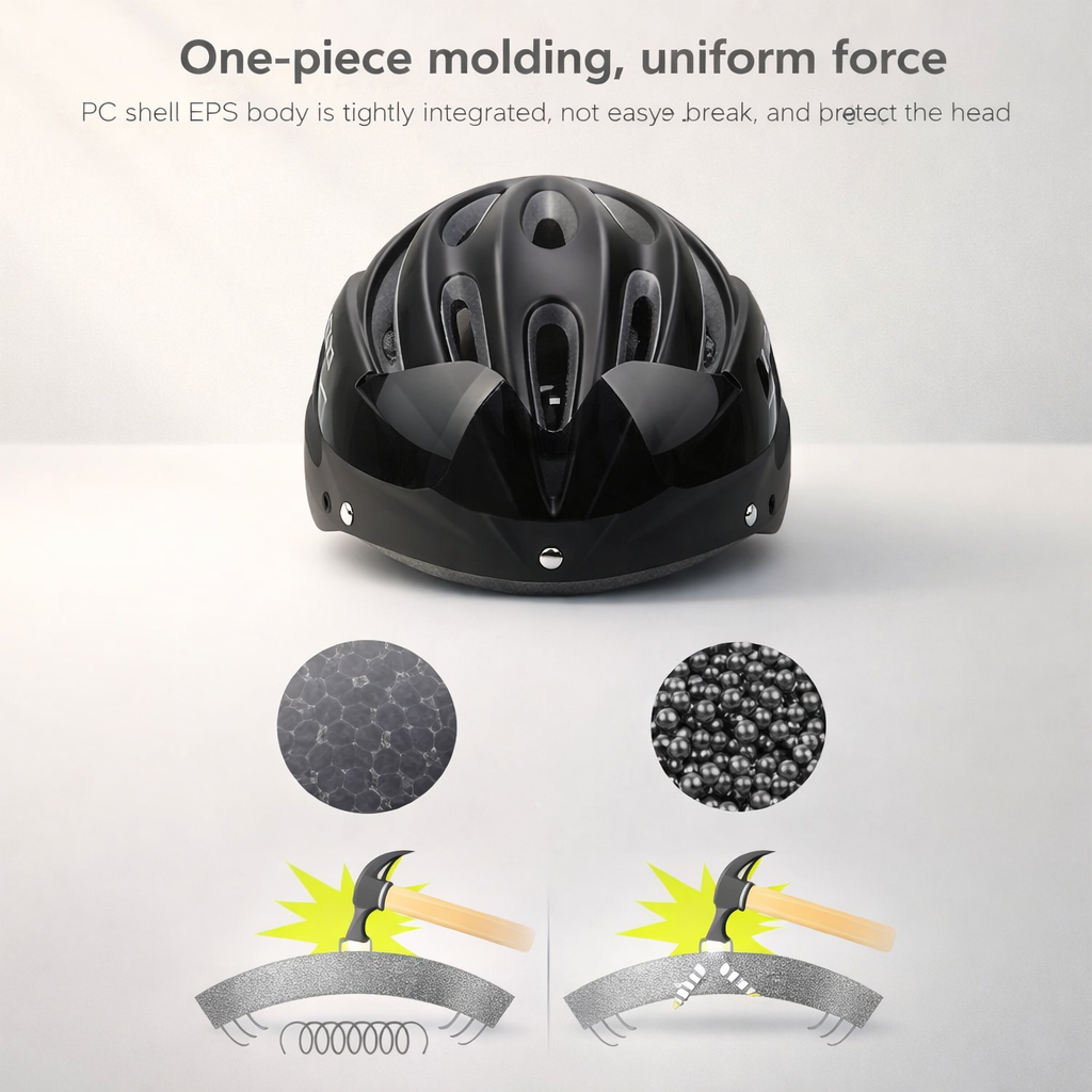 Bicycle helmet with visor and integrated glasses in fluorescent green