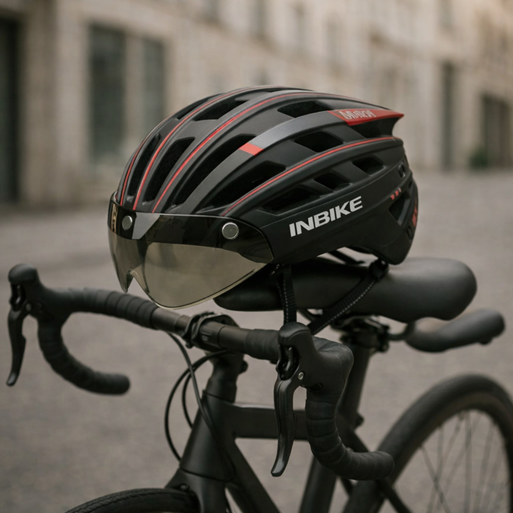Bicycle helmet with integrated glasses, adjustable visor, LED light