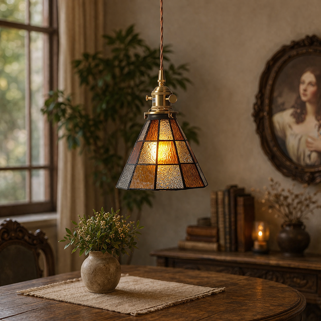 Tiffany pendant lamp with colored glass art in classic style