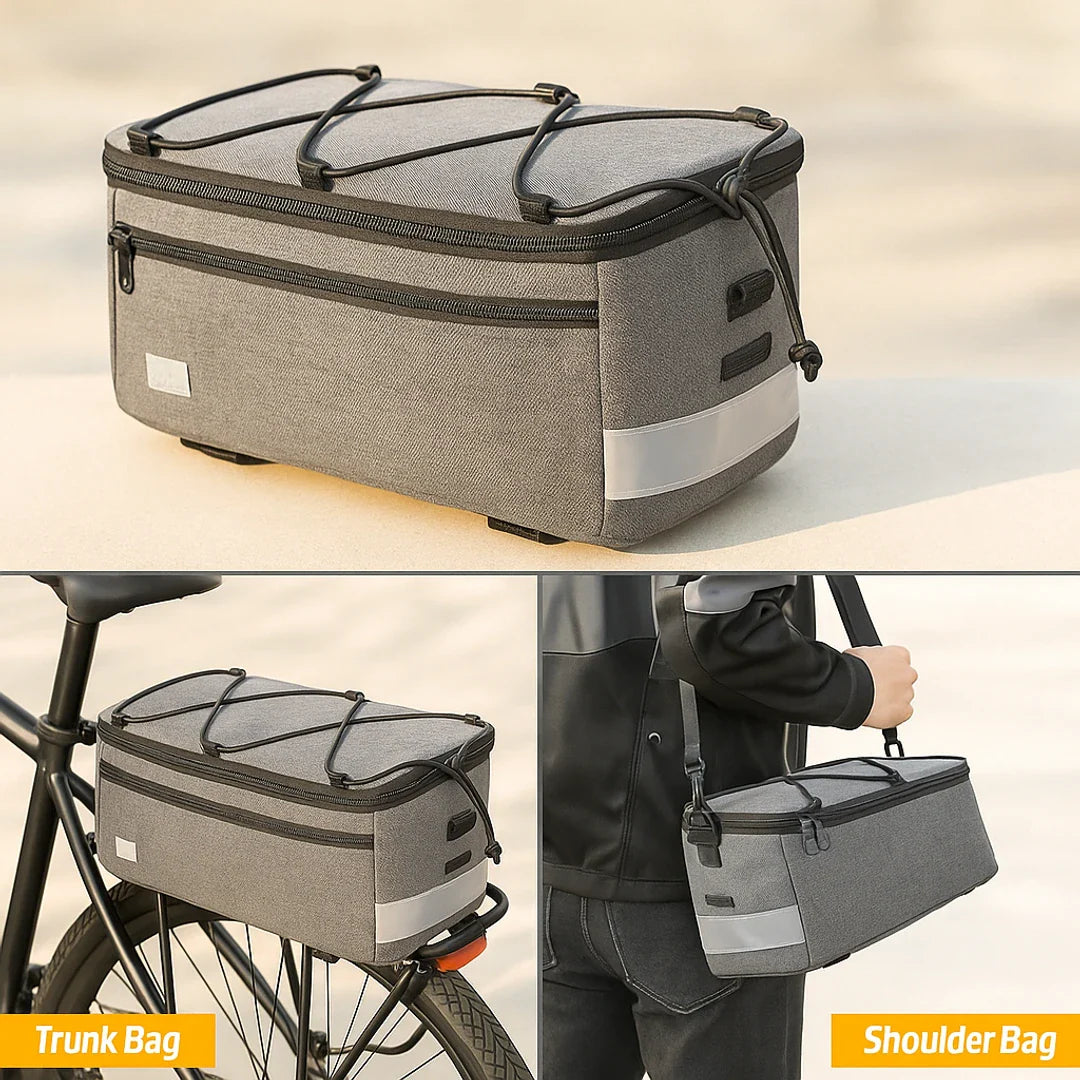 Insulated 8L bike rack bag with shoulder strap and waterproof design