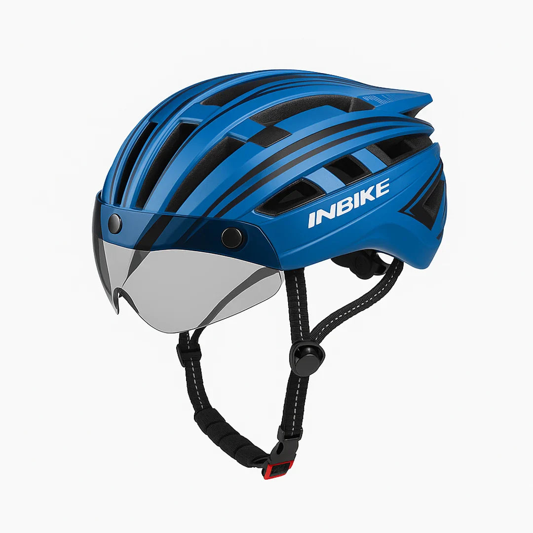 Bicycle helmet with integrated glasses, adjustable visor, LED light