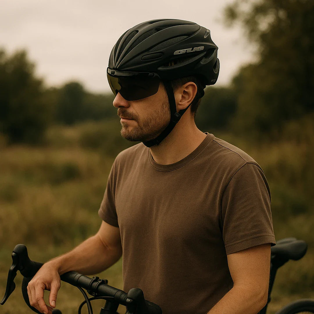 Black Cycling Helmet with Integrated Glasses and Visor