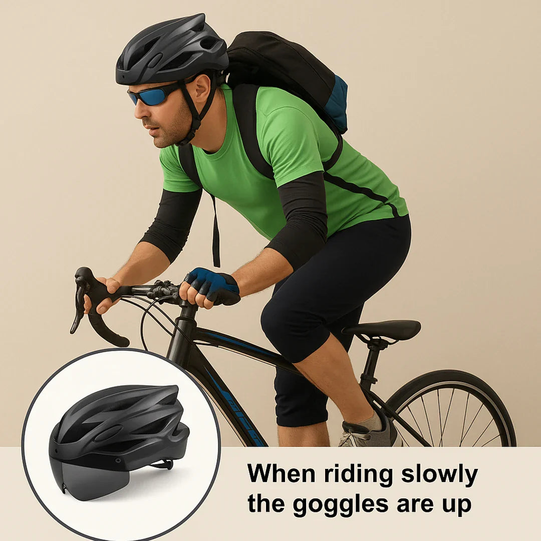 Black Cycling Helmet with Integrated Glasses and Visor