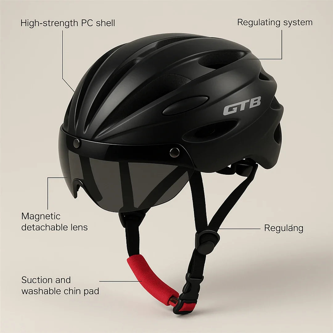Black Cycling Helmet with Integrated Glasses and Visor