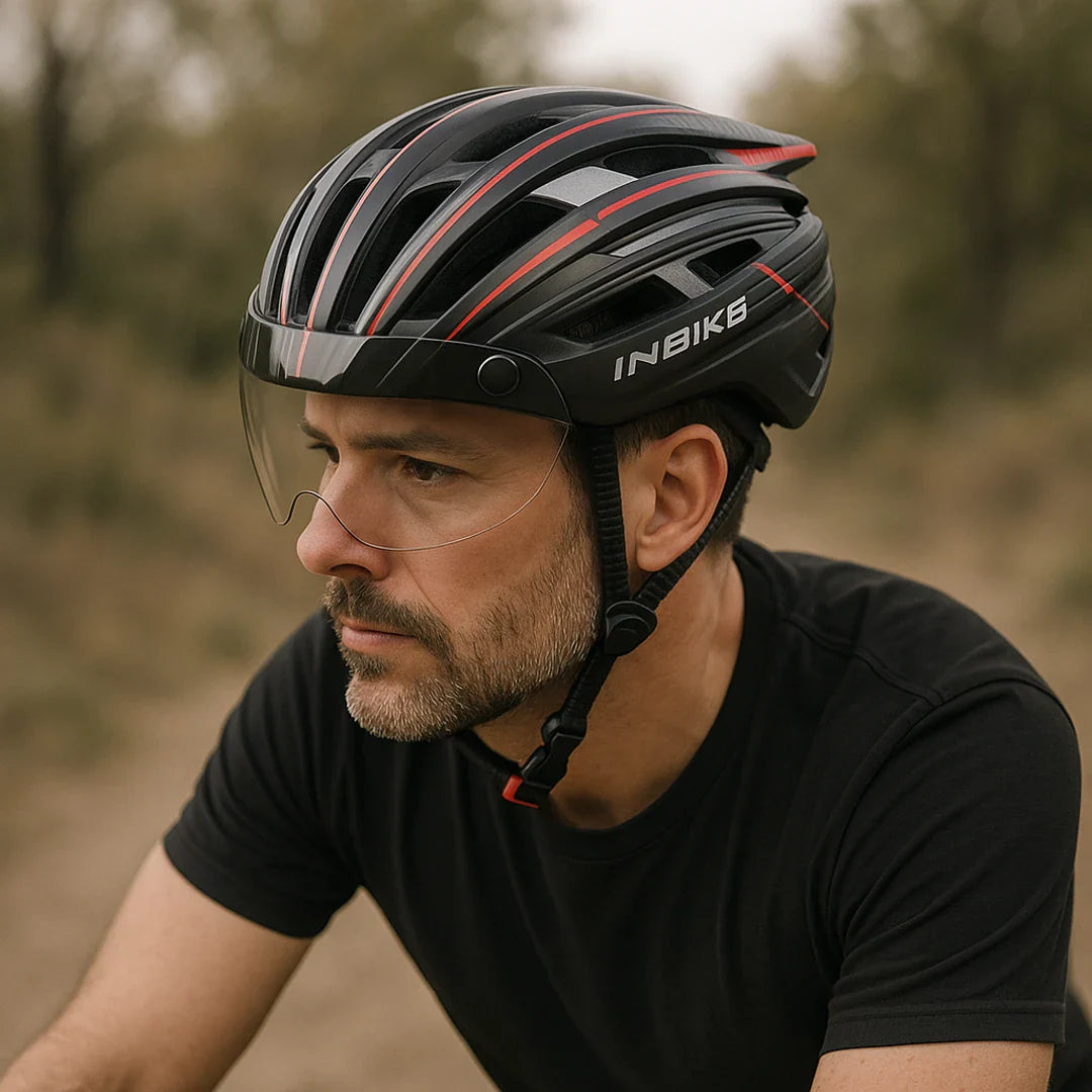 Bicycle helmet with integrated glasses, adjustable visor, LED light