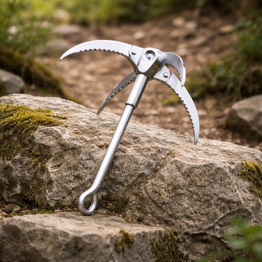 Folding grappling hooks in stainless steel, compact camping gear