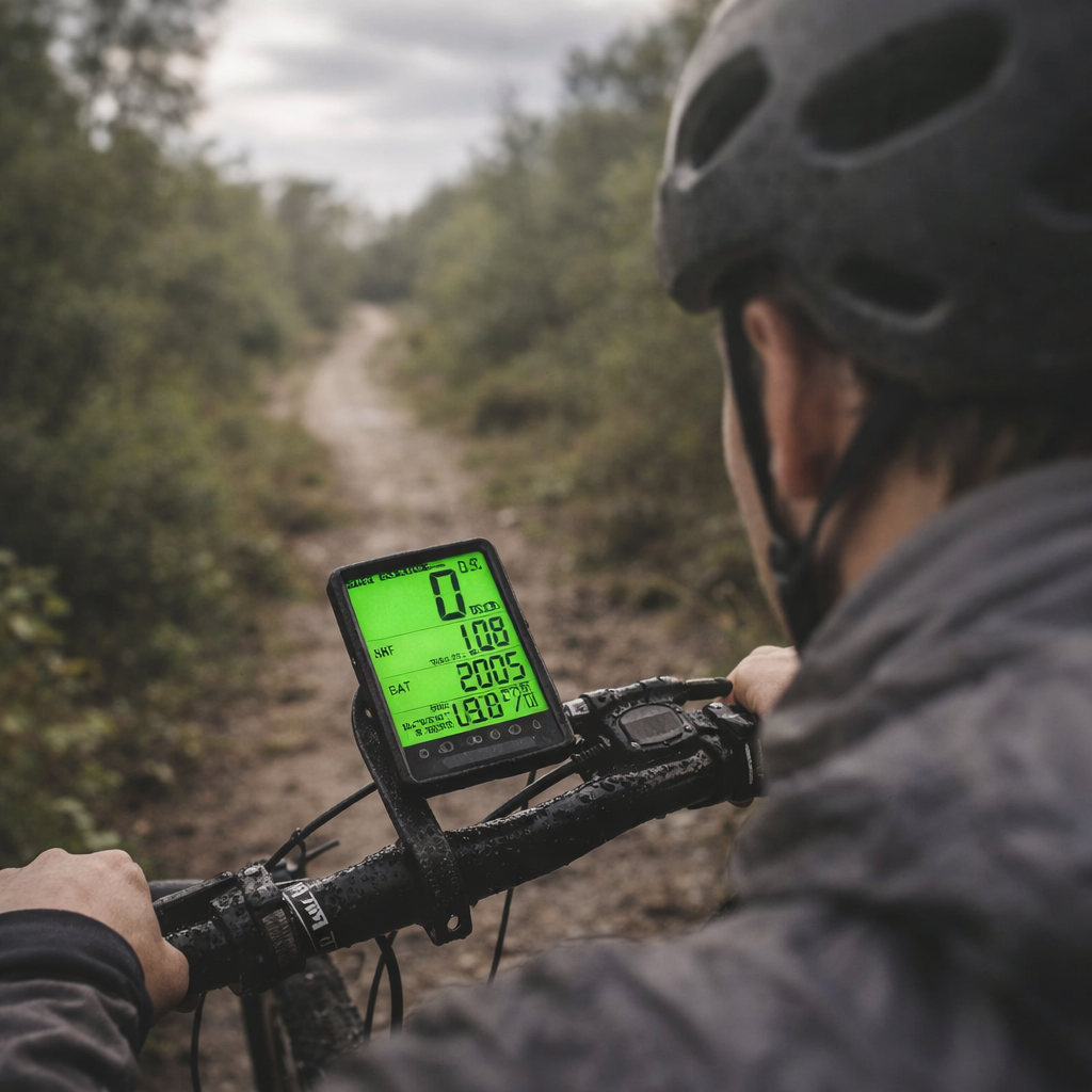 Black and silver bike computer with LCD display for cycling