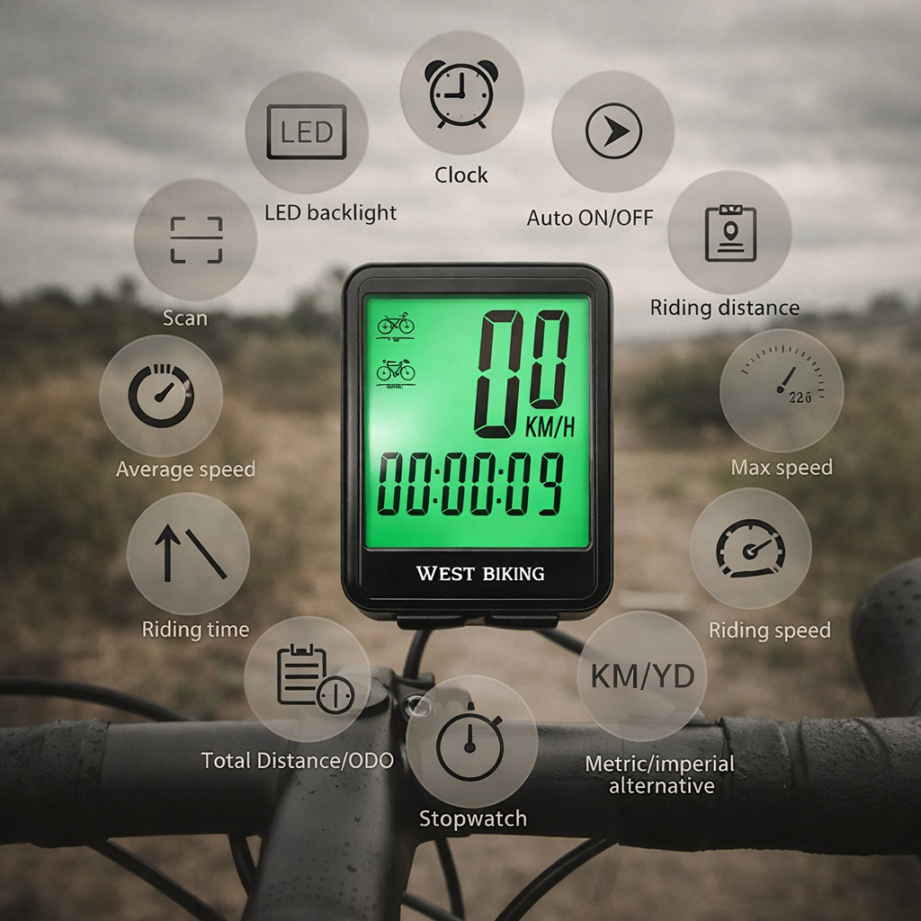 Black and silver bike computer with LCD display for cycling