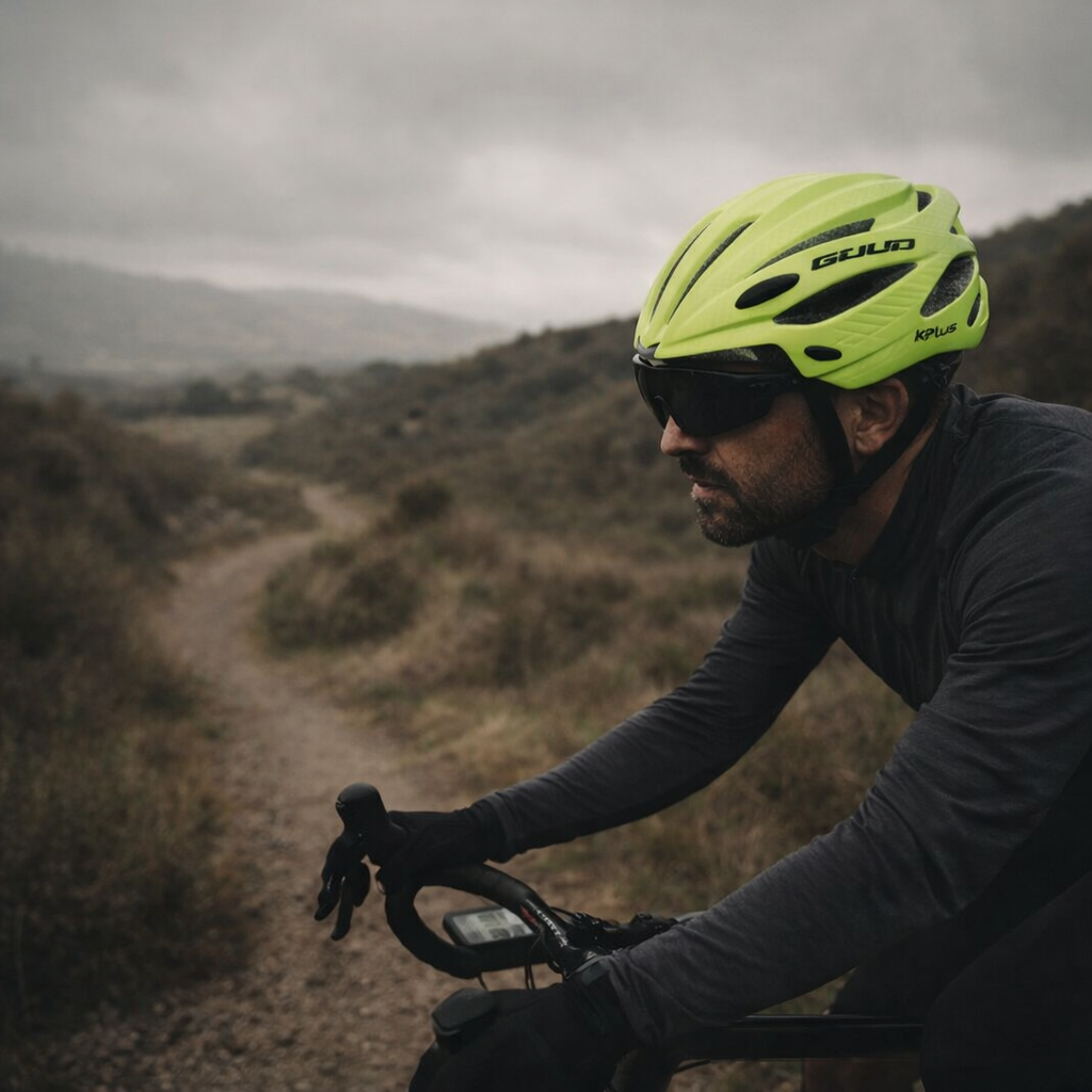 Bicycle helmet with visor and integrated glasses in fluorescent green