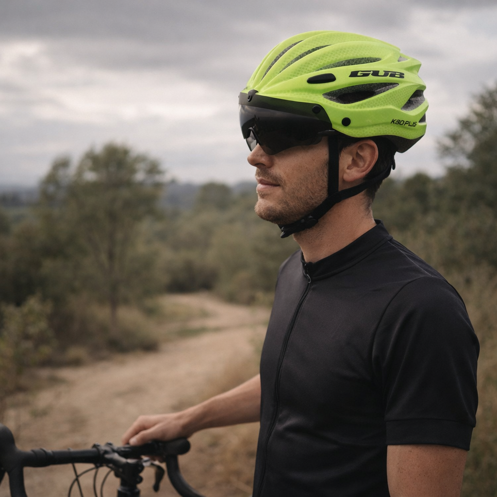 Bicycle helmet with visor and integrated glasses in fluorescent green