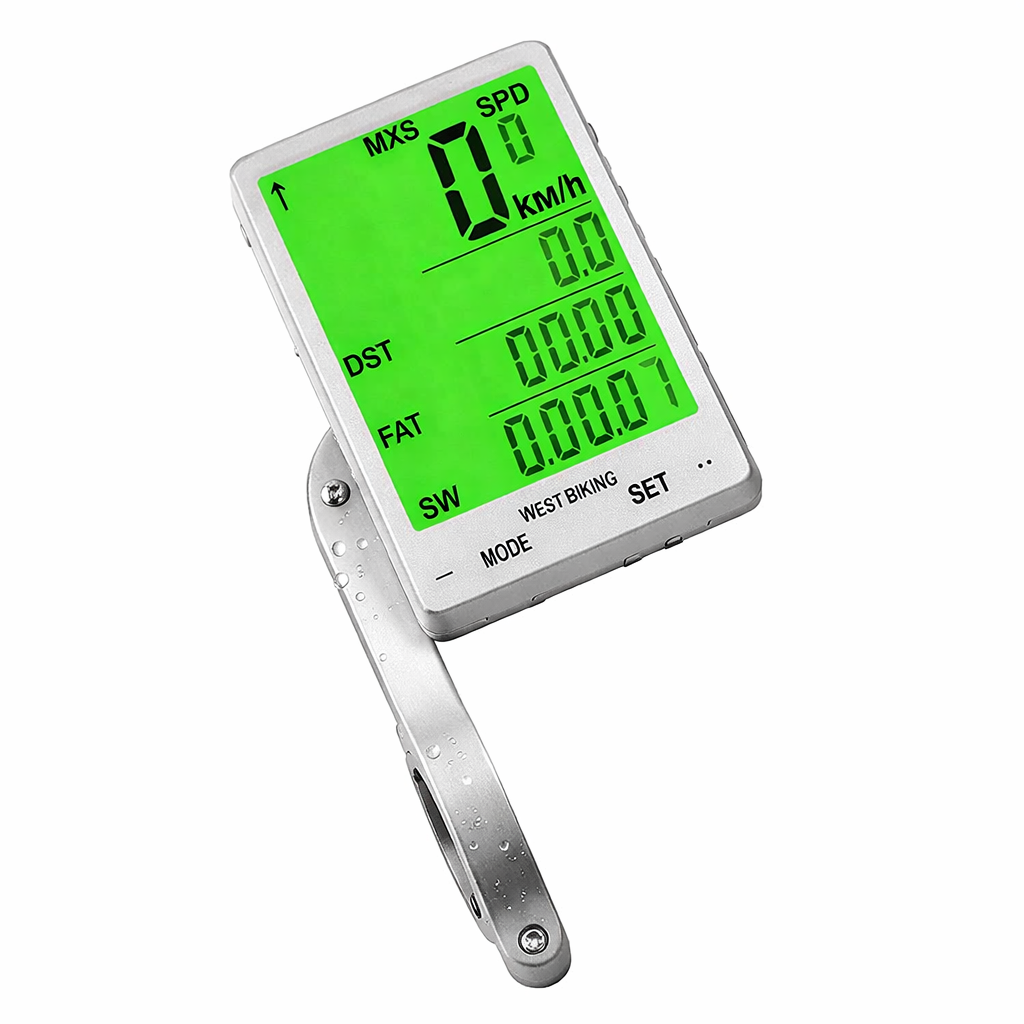 Black and silver bike computer with LCD display for cycling