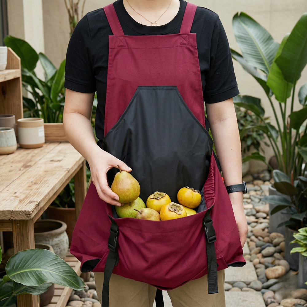 Garden apron with crossed shoulder straps and large pockets for work