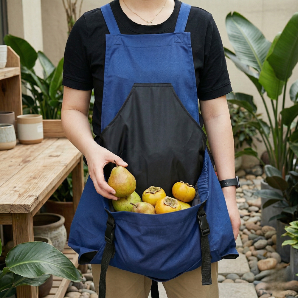 Garden apron with crossed shoulder straps and large pockets for work