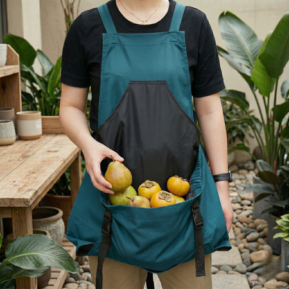 Garden apron with crossed shoulder straps and large pockets for work