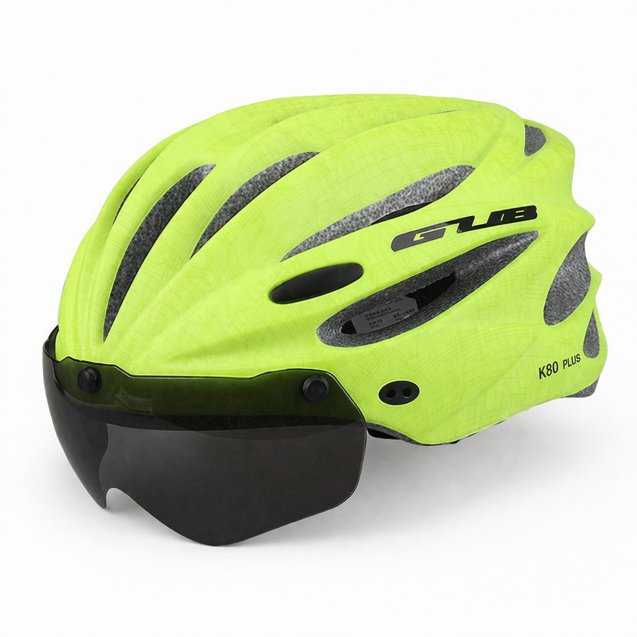 Bicycle helmet with visor and integrated glasses in fluorescent green