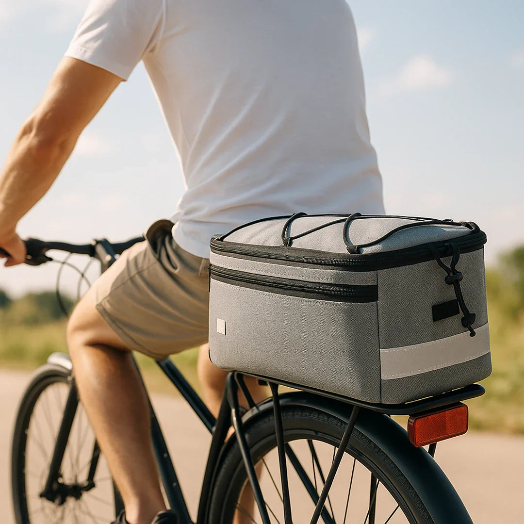 Insulated 8L bike rack bag with shoulder strap and waterproof design