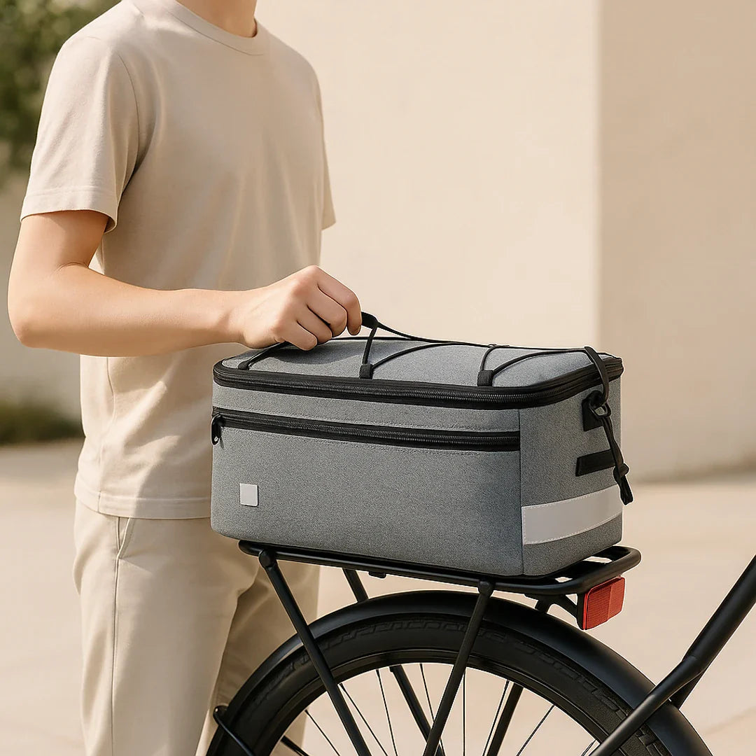 Insulated 8L bike rack bag with shoulder strap and waterproof design