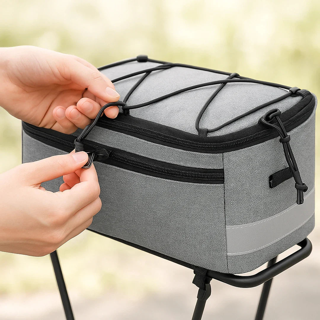 Insulated 8L bike rack bag with shoulder strap and waterproof design