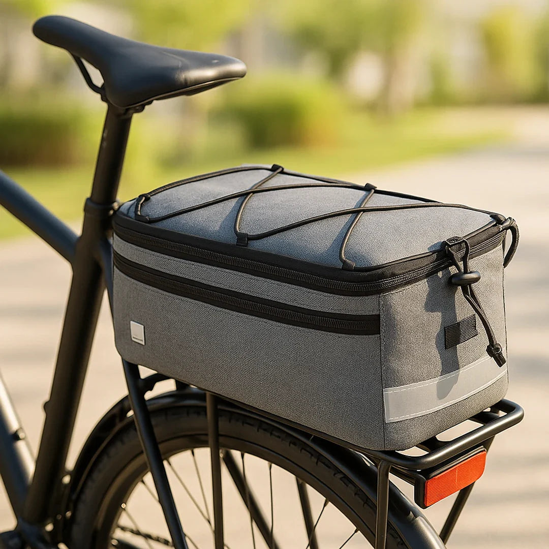 Insulated 8L bike rack bag with shoulder strap and waterproof design