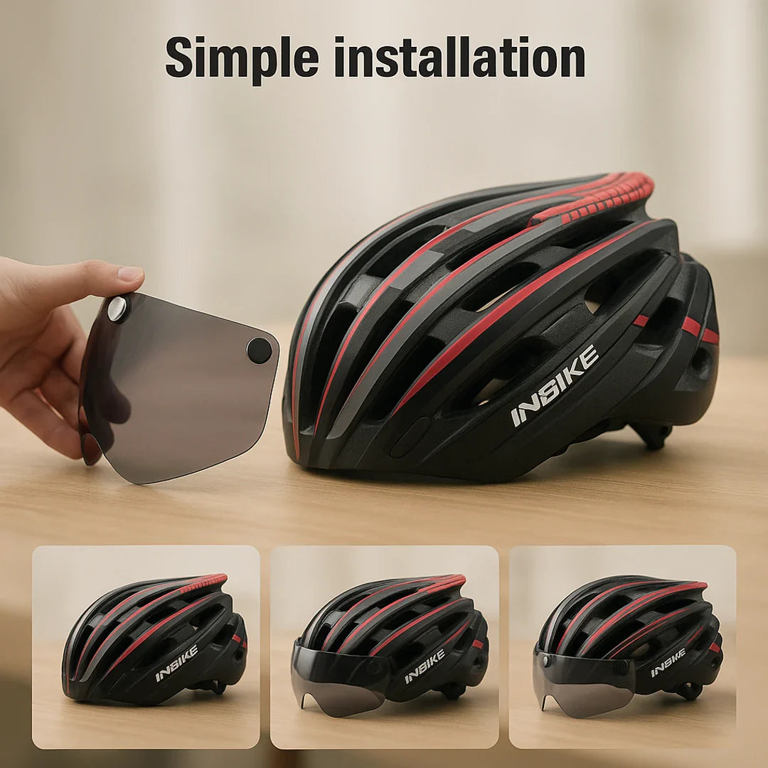 Bicycle helmet with integrated glasses, adjustable visor, LED light