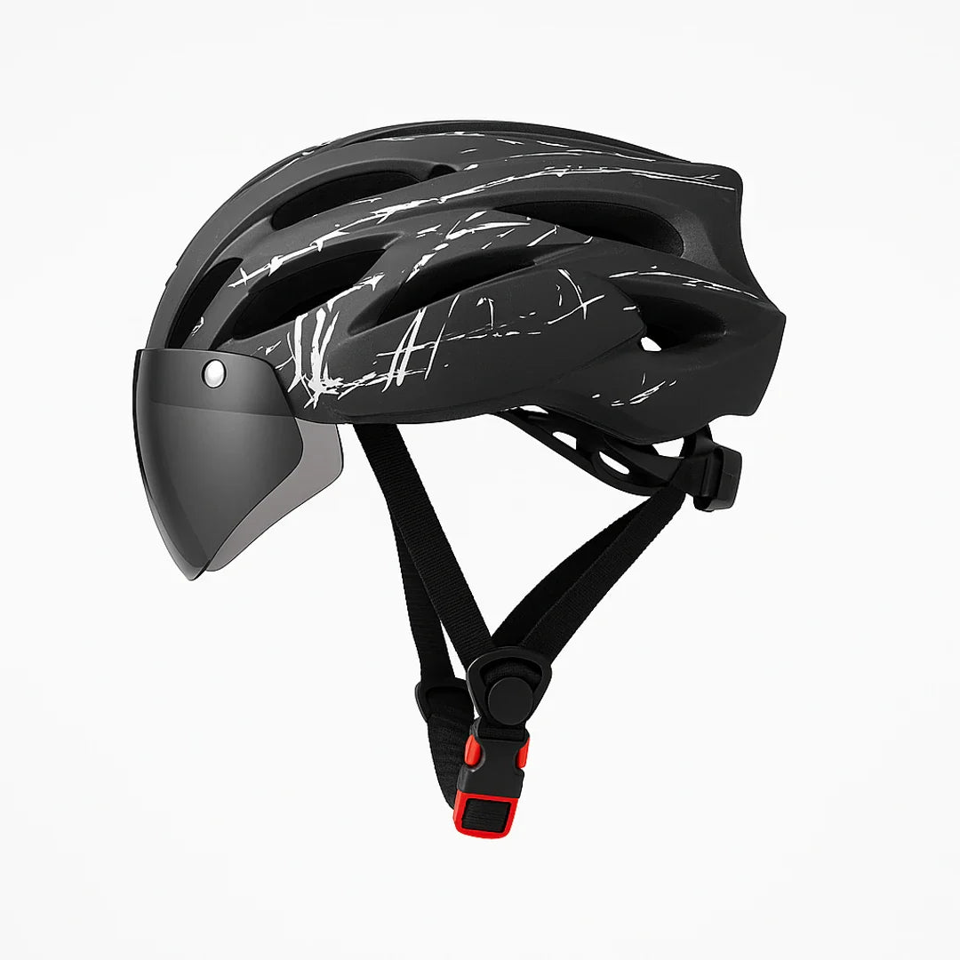 Bicycle helmet with integrated glasses, adjustable visor, LED light