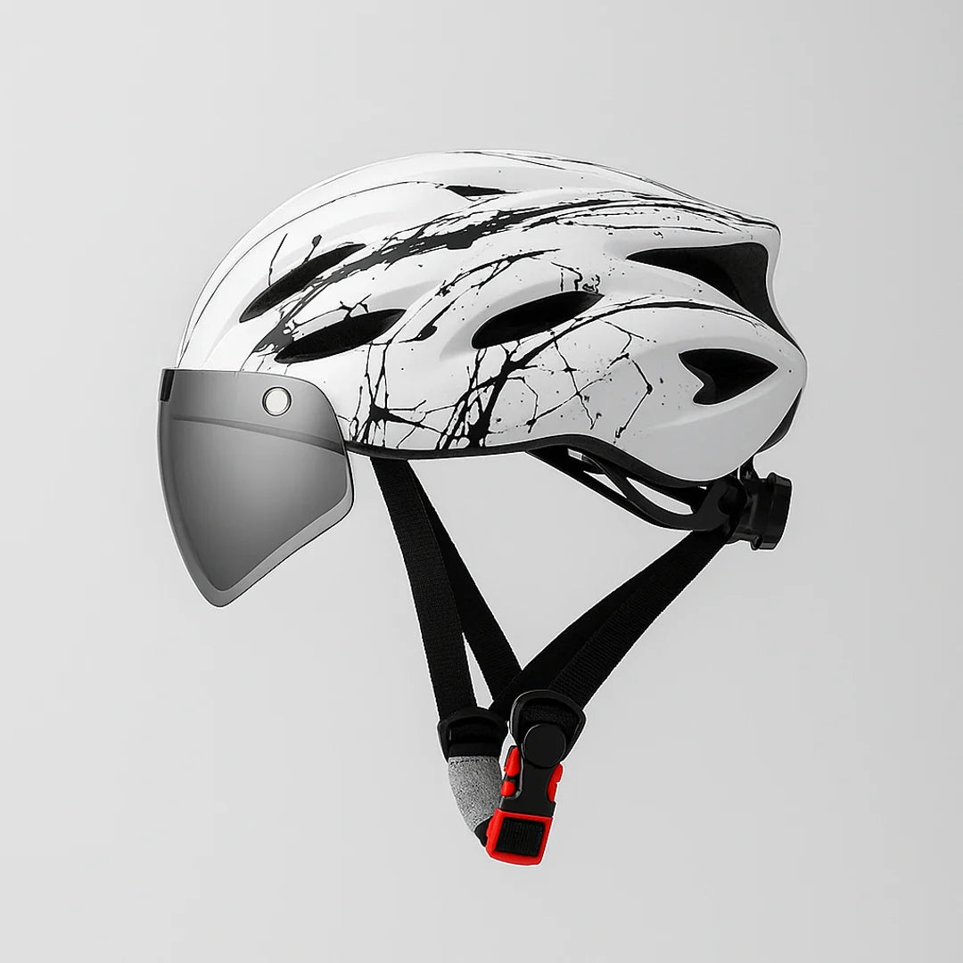 Bicycle helmet with integrated glasses, adjustable visor, LED light