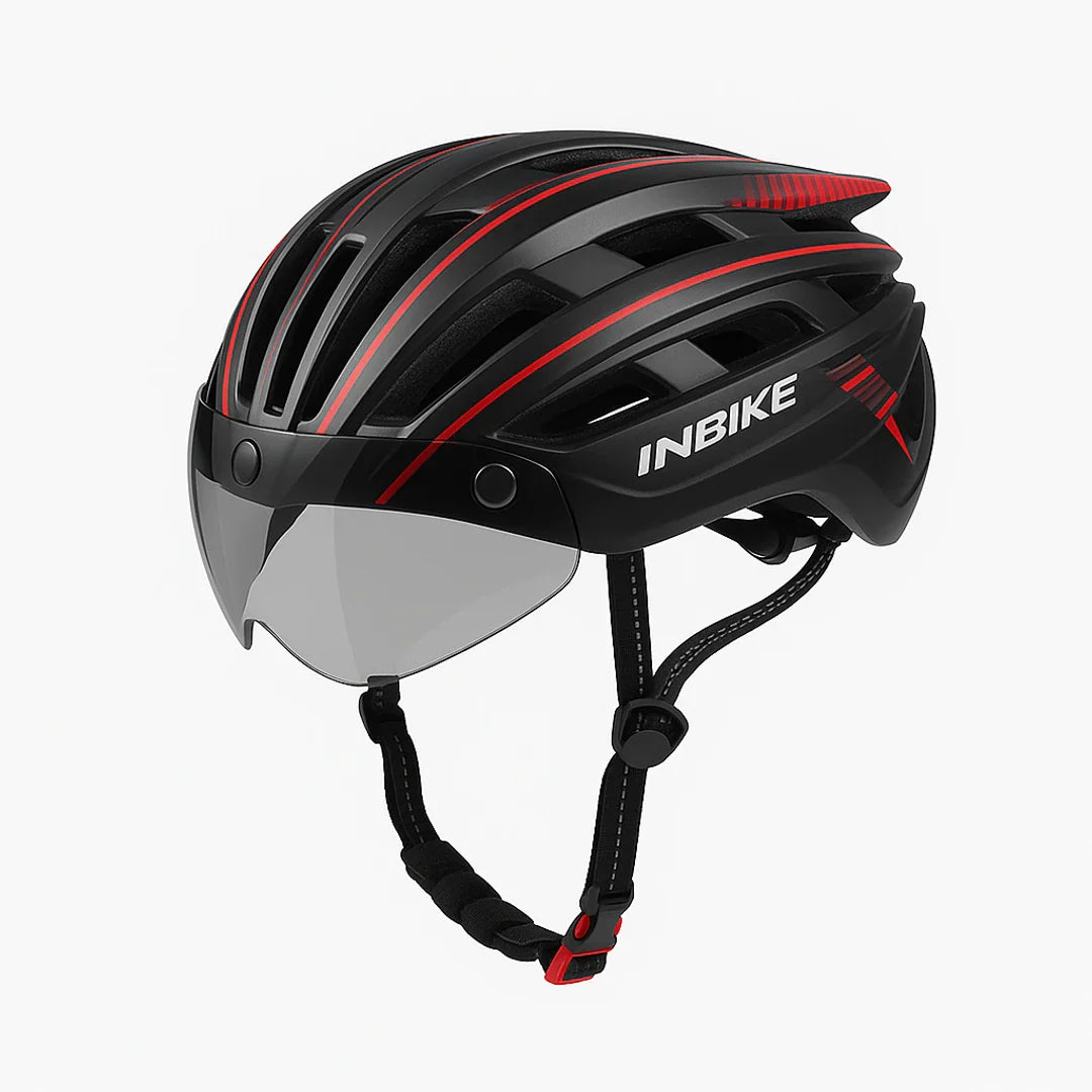 Bicycle helmet with integrated glasses, adjustable visor, LED light
