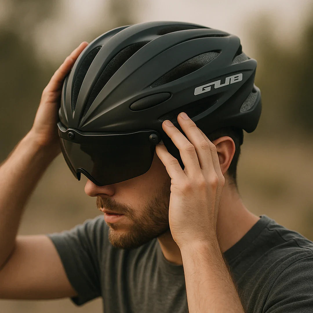 Black Cycling Helmet with Integrated Glasses and Visor