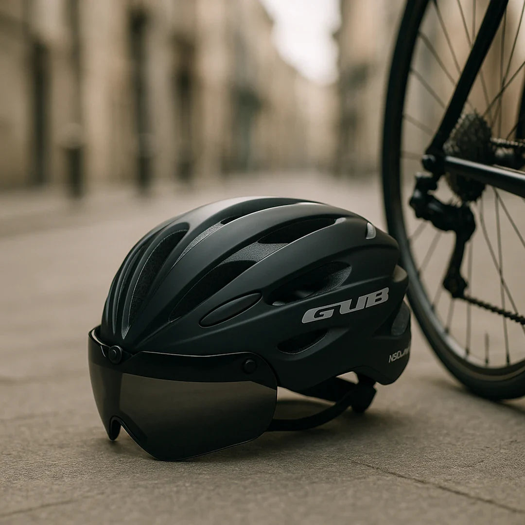 Black Cycling Helmet with Integrated Glasses and Visor