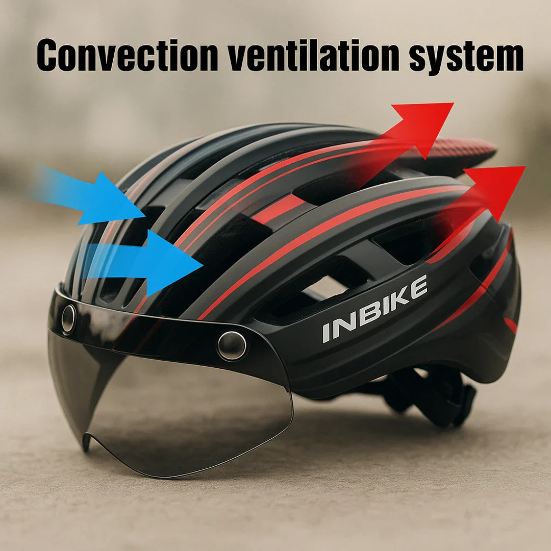 Bicycle helmet with integrated glasses, adjustable visor, LED light